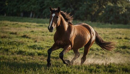 Fototapeta premium Brown horse running through a grassy field