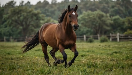 Obraz premium Brown horse running through a grassy field