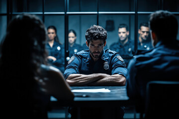 A group of police officers in a serious discussion, engaged in strategic planning in a dim-lit room, reflecting unity and determination under pressure of critical tasks.