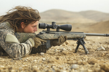 Fototapeta premium Female sniper in desert camouflage gear aiming precision rifle in arid terrain