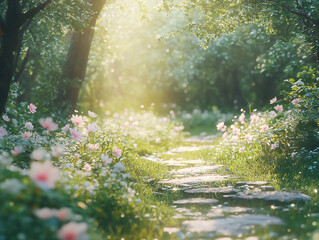 Fototapeta premium stone path through magical sunlight filled forest with pink flowers