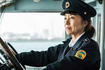 Obraz premium Female captain steering ship in uniform by ocean on bright day