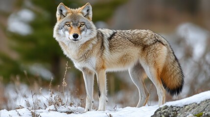 Fototapeta premium A Coyote Standing in a Snowy Forest with Blurry Background