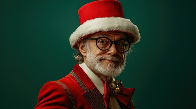 A senior man in a Santa hat and glasses looks mischievously at the camera.