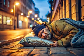 Silhouette of a Homeless Man Sleeping in a Sleeping Bag on the Street at Dusk - Urban Life