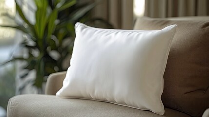 Soft linen pillow on a comfortable armchair near a window with gentle natural light, emphasizing warmth and relaxation.