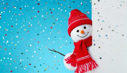 Naklejka premium cute snowman peeking out from the side of a white wall wearing a red scarf and beanie with glittery confetti raining down with a blue background