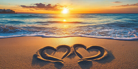 Two intertwined hearts etched into the sand near the shoreline, with the vibrant colors of the setting sun casting a romantic glow over the scene, capturing the essence of Valentine's Day