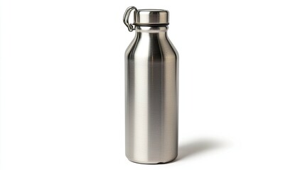 Stainless steel water bottle with a matte finish and a twist cap, isolated on white. Focuses on durability and style for active lifestyles.