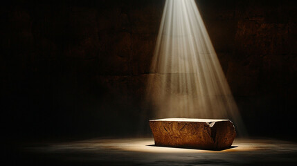 A grand pedestal in a museum setting, highlighted by dramatic lighting, with an ancient artifact on top