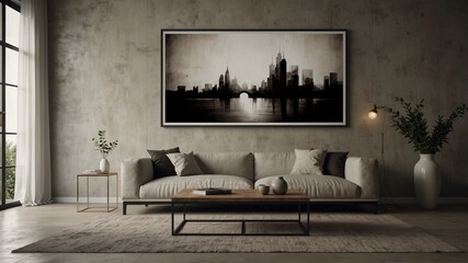 A coffee table with a grunge accent, a sofa against the background of an arched window and a wall with a large framed art poster. Minimalistic interior design of a modern living room,an Art Deco house