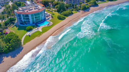 Obraz premium An aerial perspective of turquoise ocean waves gently breaking on a sandy beach
