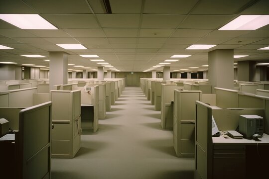 Old fashion cubicles office furniture electronics.