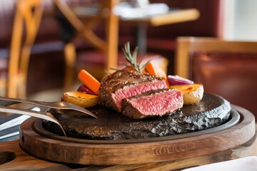 Sliced Medium-Rare Steak with Roasted Vegetables on Hot Stone Plate