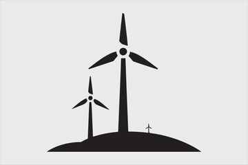 Black and white silhouette of two wind turbines.