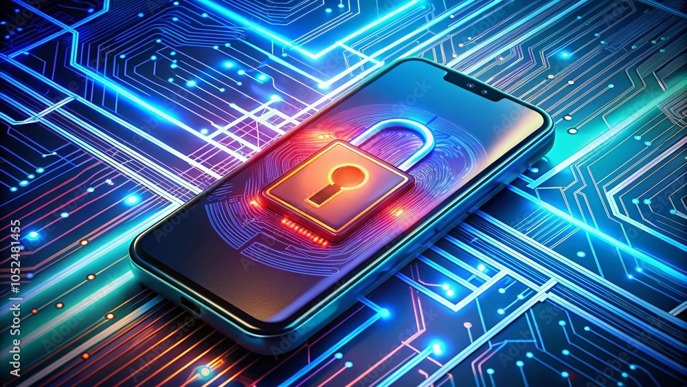 Aufkleber smartphone security concept with cybersecurity lock on digital circuit background
