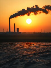 Dramatic sunset behind silhouetted smokestacks, emitting dark smoke into the sky.