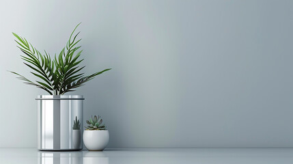 Fototapeta premium A tall, metallic pedestal with a reflective chrome finish, standing against a minimalist backdrop with sharp, clean lines