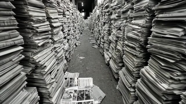 A narrow alleyway lined with towering stacks of newspapers creates a unique perspective in this black and white photo