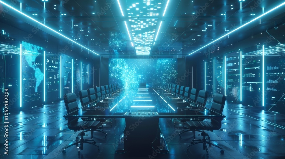 Poster empty futuristic conference room showing interactive global data and charts on multiple digital scre