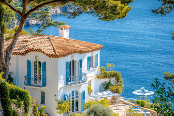 mediterranean villa with blue shutters and a view of the sea on a sunny day