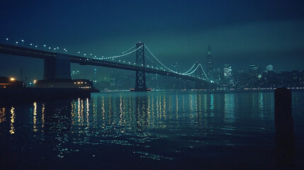 Fototapeta premium dark blue and green nighttime cityscape with lights reflecting on water and bridge in san francisco