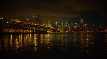 Fototapeta premium night view of san francisco skyline with golden gate bridge reflections in water