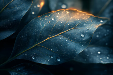 Obraz premium Close-up of dark green leaves with water droplets, creating a fresh and serene atmosphere.