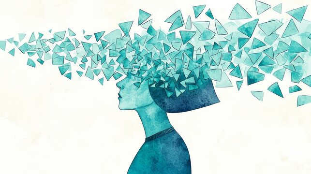 An artistic representation of a woman's profile with fragmented shapes emerging from her head, symbolizing thoughts and creativity.