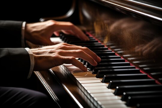 Hands playing piano keyboard musician.