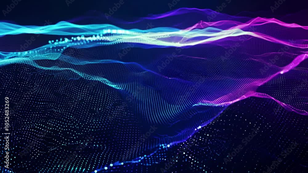 Poster overhead view of glowing data grid with flowing motion