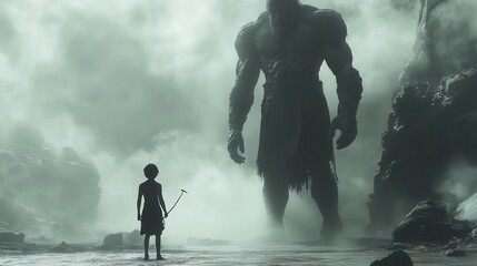 young shepherd boy david courageously facing the giant goliath, the tension palpable in the misty backdrop as he prepares to confront his fears with a simple pebble and slingshot