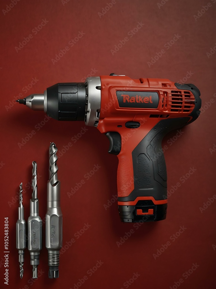 Poster cordless drill with extended bit on a red background