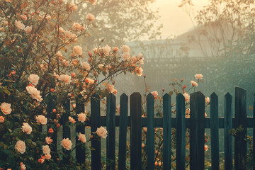 Obraz premium vintage pink rose bush growing in front of a wooden fence in a foggy garden at sunset
