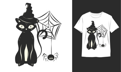 Black Cat Spooky Happy Halloween horror creative R I P grave star dead ghost vector illustration t-shirt design card skull magic pumpkin