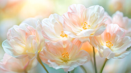 Fototapeta premium Soft pastel tulips in bloom with gentle sunlight and bokeh background