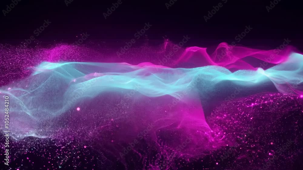 Poster timelapse of neon particle storm evolving into structured waves