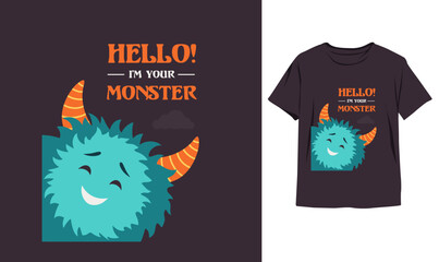 Hello monster party Cartoon Halloween theme vector Illustration t-shirt design editable template cute Horn Funny