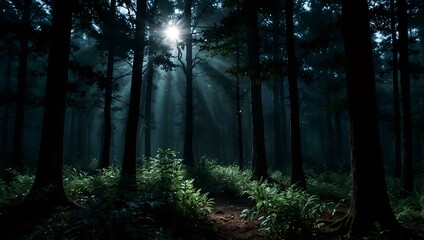Obraz premium Dark forest with rays of moonlight.