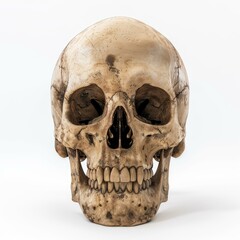 Fototapeta premium Frontal view of a human skull showing teeth against a white background