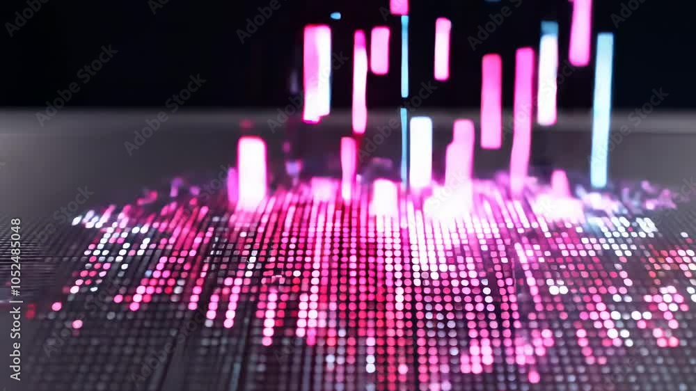 Poster macro view of chromatic pixel rain pulsing on metallic surface