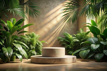 Fototapeta premium Stone Podium Mockup with Tropical Plants in Low Light for Product Presentation on Beige Background
