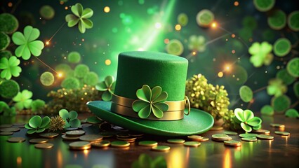 St. Patrick's Day Celebration with Green Leprechaun Hat, Clover, and Gold Coins on Dark Background for Holiday Cards