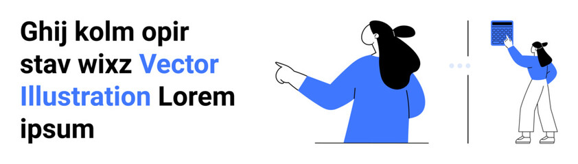 Woman in blue top pointing with abstract text nearby. Ideal for modern design, digital marketing, educational content, business presentations, creative projects. Banner for landing page