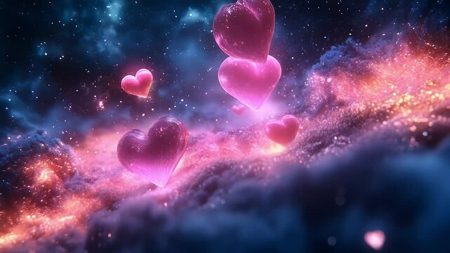 Pink hearts float upwards against a dark blue and purple night sky, sparkling with twinkling stars, creating a romantic and dreamy atmosphere perfect for celebrations. Valentine's Day Concept