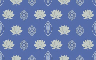 Seamless Lotus Flower and Geometric Thai Pattern, Shaped grid of arches with light gray lotus-like flowers