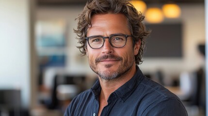 A confident man with curly hair and glasses smiles warmly while standing in a modern office filled with coworkers engaging in various activities