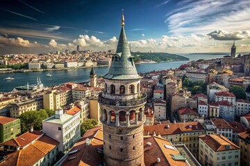 Fototapeta premium Stunning Aerial View of Galata Tower with Istanbul's Skyline and Bosphorus River, Perfect for Travel and Architecture