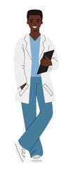 Fototapeta premium Vector isolated illustration. Doctor holding clipboard. Black young man