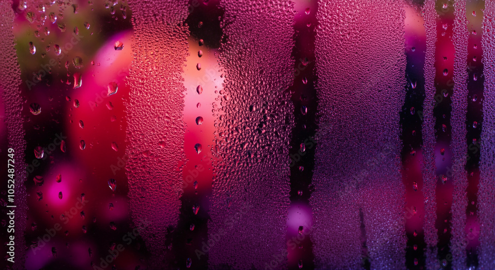 Poster condensation on glass surface with moisture droplets and drinks in background creating a vibrant and